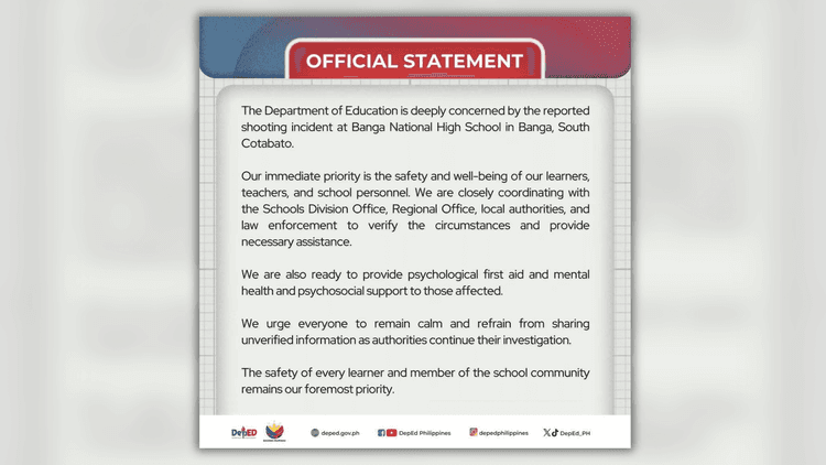 DepEd, naglabas ng pahayag kaugnay ng shooting incident sa Banga National High School