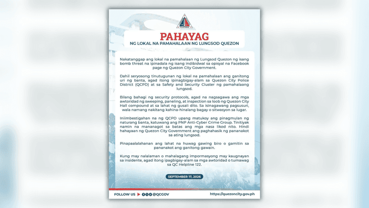 Bomb threat, natanggap ng Quezon City Government