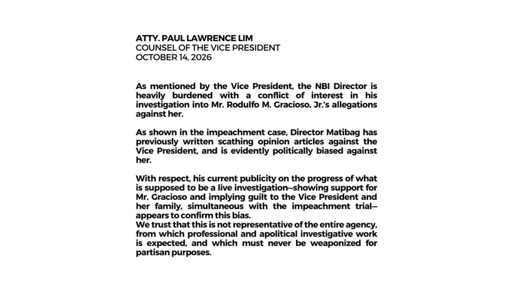 Abogado ni Sara Duterte, kinuwestiyon ang umano’y conflict of interest ng NBI director
