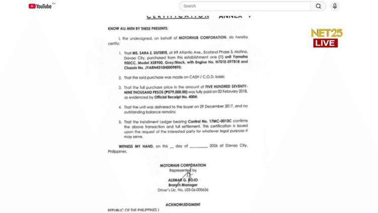 Sara Duterte, ipinakita ang certification ng Yamaha XSR 900 na aniya’y siya mismo ang bumili