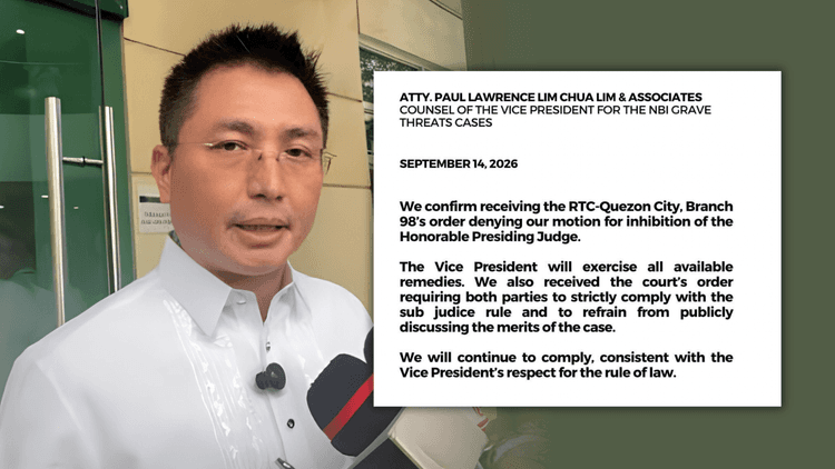 Kampo ni VP Sara, tinanggap ang QC RTC order sa mosyon para mag-inhibit ang judge