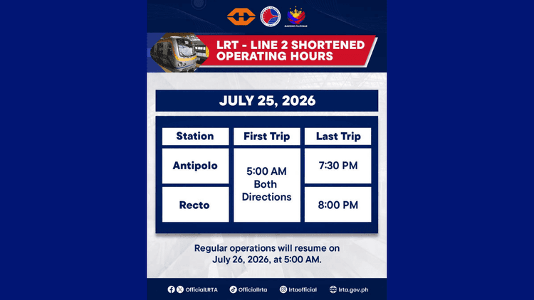 LRT-2 iikli ang operasyon sa Hulyo 25