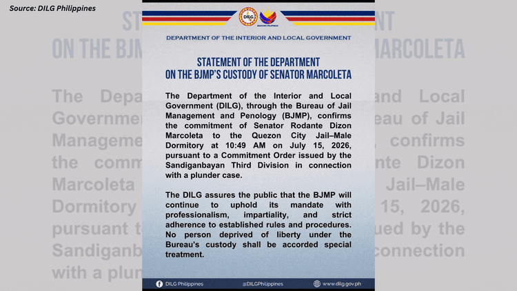 BJMP Confirms Marcoleta in Custody, Says No Special Treatment Will Be Given