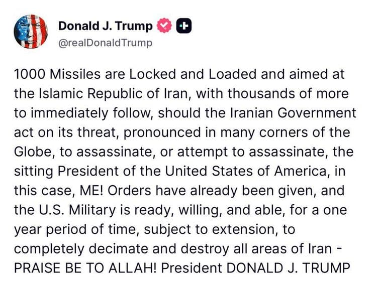 Trump says missiles aimed at Iran if Tehran targets US president