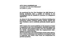 Abogado ni Sara Duterte, kinuwestiyon ang umano’y conflict of interest ng NBI director