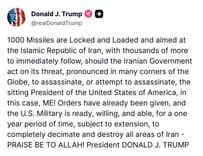 Trump says missiles aimed at Iran if Tehran targets US president