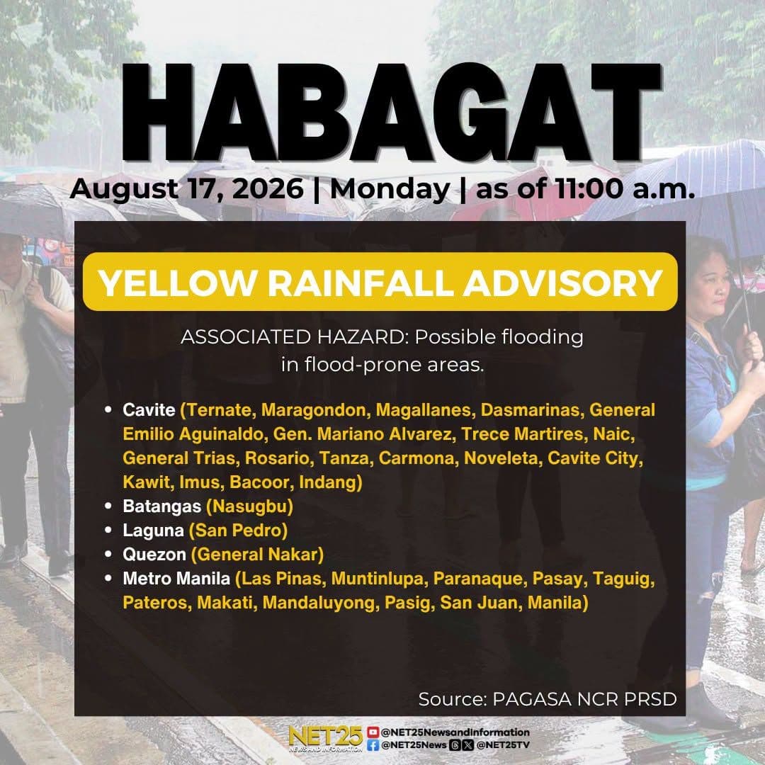 Itinaas ang orange at yellow rainfall warning sa Metro Manila at ilang karatig-lalawigan kabilang ang Zambales, Bataan, Pampanga, Tarlac, Cavite, Batangas, at Quezon ngayong Lunes, Agosto 17, 2026,. - Copy.jpg