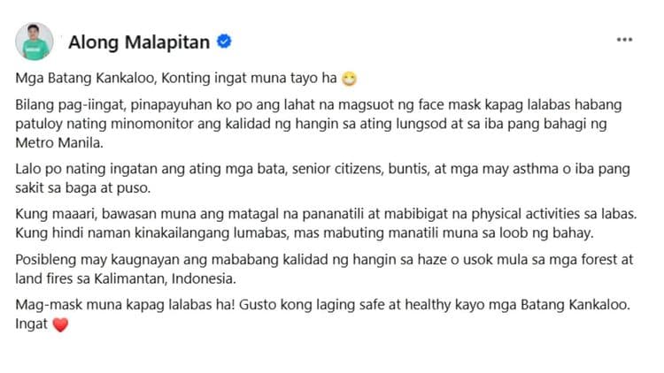 Caloocan residents, pinayuhang magsuot ng face mask dahil sa mababang air quality