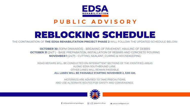 DPWH, sisimulan ang pagkukumpuni sa southbound lane ng EDSA ngayong Oktubre 30