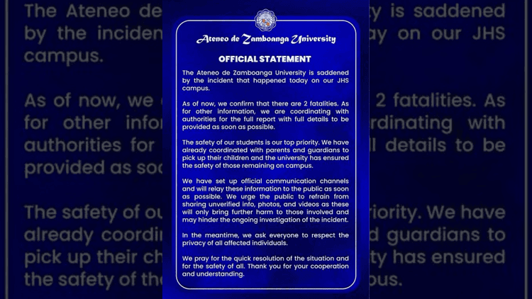 Ateneo de Zamboanga University, kinumpirma ang pagkasawi ng dalawa sa insidente sa JHS Campus