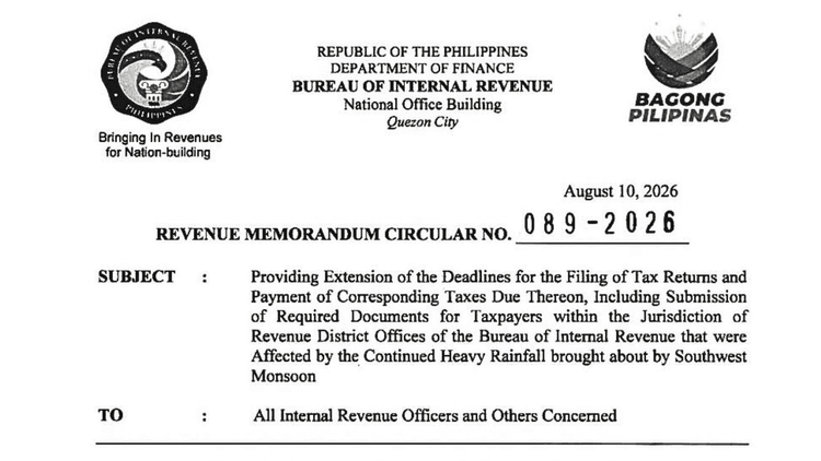BIR, naglabas ng RMC No. 89-2026 para sa pagpapalawig ng tax deadline sa mga lugar na apektado ng habagat