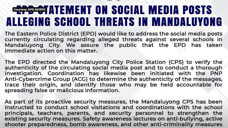 Banta ng bomba sa apat na paaralan sa Mandaluyong City, negatibo; klase, kinansela