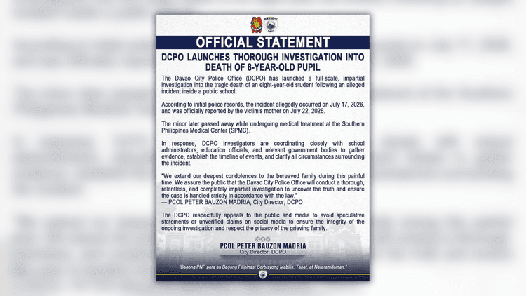 DCPO iniimbestigahan ang pagkamatay ng Grade 3 student sa Davao City