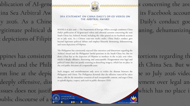 DFA, kinondena ang mapanlait na AI videos ng China Laban sa mga Pilipino