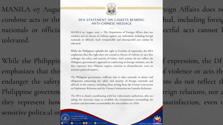 DFA, kinondena ang mga kabaong na may mensaheng laban sa mga Chinese sa Metro Manila