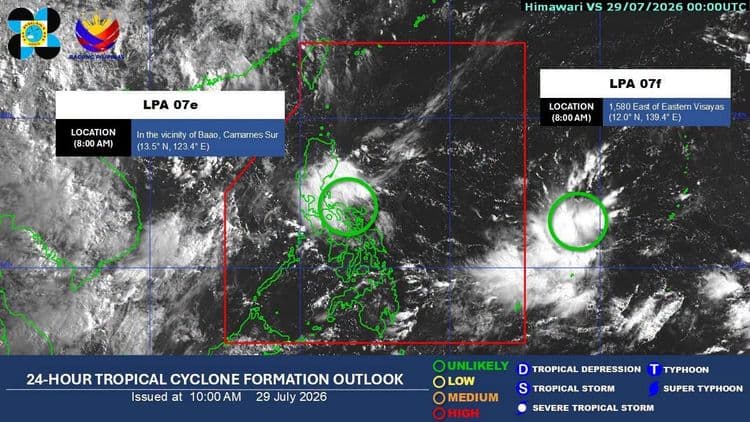 Dalawang LPA, binabantayan ng PAGASA sa loob at labas ng PAR; mababa ang tsansang maging bagyo