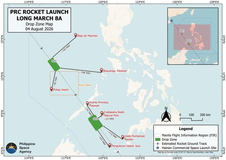 Debris ng China rocket, posibleng bumagsak sa Bajo de Masinloc at iba pang bahagi ng Philippine waters, ayon sa PhilSA