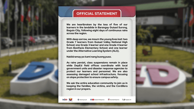 DepEd nakikiramay sa pagkasawi ng limang estudyante sa Baguio landslide