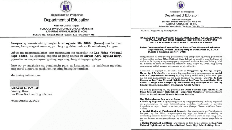 Face-to-face classes sa Las Piñas NHS Main at Diego Cera Campus, sinuspinde