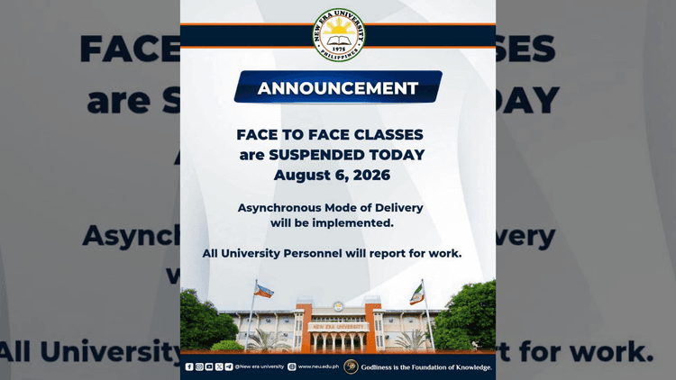 Face-to-face classes sa New Era University, sinuspido ngayong Huwebes dahil sa Bagyong Maymay at habagat