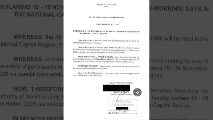 Malacañang, idineklara ang Nobyembre 16-18 bilang special non-working days sa Metro Manila para sa ASEAN Summit
