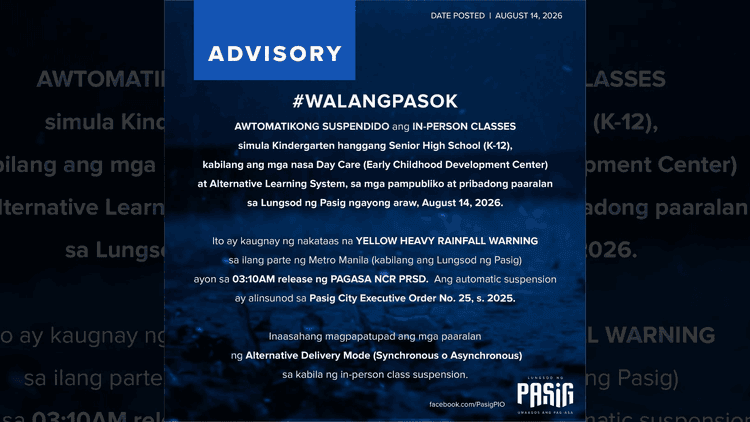 Face-to-face classes mula Kindergarten hanggang Senior High School sa Pasig, suspendido ngayong Biyernes, Agosto 14