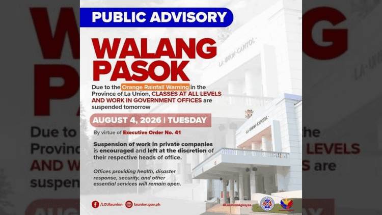 Klase sa lahat ng antas at pasok sa LGU sa La Union, suspendido ngayong Agosto 4 dahil sa sama ng panahon