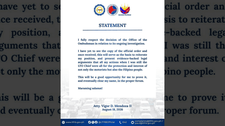 LTFRB Chairman Vigor Mendoza II, tinanggap ang preventive suspension ng Ombudsman kaugnay sa STRADCOM IT System