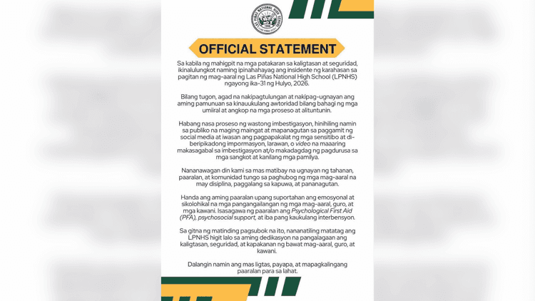 Las Piñas National High School naglabas ng pahayag matapos ang insidente ng karahasan
