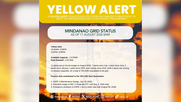 Mindanao grid isinailalim sa yellow alert dahil sa forced outage