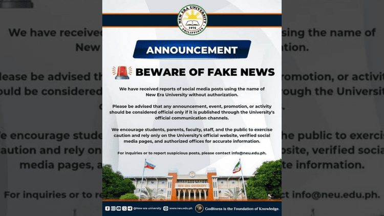 New Era University, nagbabala laban sa mga online post na gumagamit sa kanilang pangalan