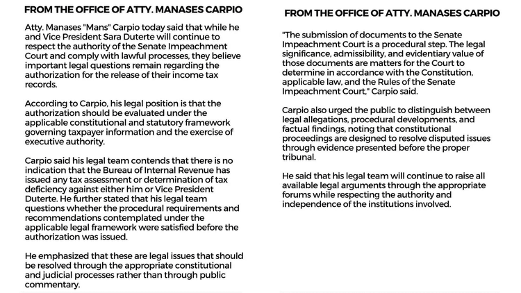 Opisina ni Atty. Mans Carpio, naglabas ng pahayag ukol sa authorization sa pag-release ng tax records nila ni VP Sara Duterte