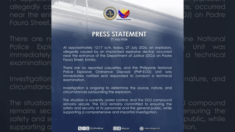 Pagsabog, umalingawngaw malapit sa entrance ng DOJ; walang nasugatan
