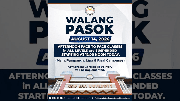 Panghapon na klase sa lahat ng campus ng New Era University, suspendido ngayong Biyernes, Agosto 14, dahil sa masamang panahon