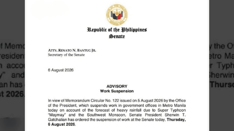 Pasok at committee hearings sa Senado, kanselado ngayong Huwebes dahil sa Bagyong Maymay at habagat