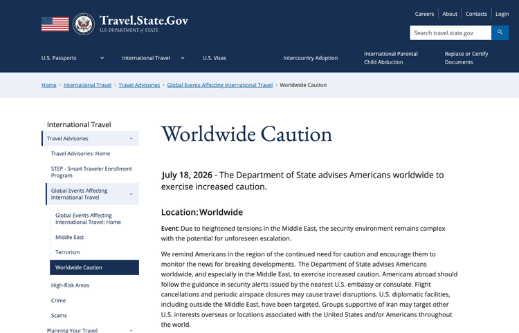 U.S. State Department issues "Worldwide Caution" alert over escalating Middle East tensions