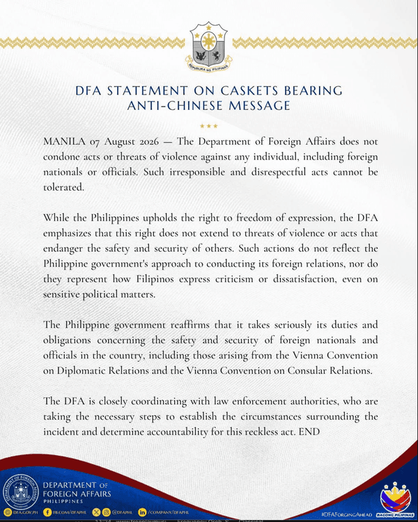 Philippines says it does not condone threats of violence after anti-China caskets found in Manila