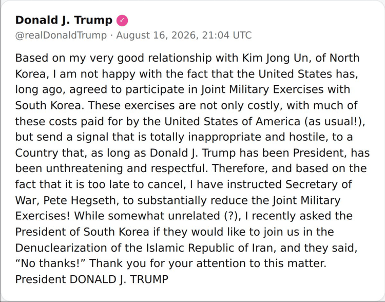Trump orders Pentagon to cut back military exercises with South Korea