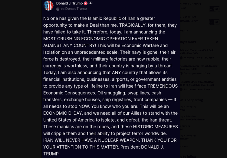 Trump warns of economic consequences for any country that supports Iran