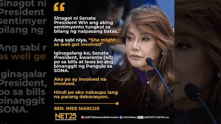 Sen. Imee Marcos, sinagot ang puna ni Senate President Sherwin Gatchalian ukol sa mga priority bills