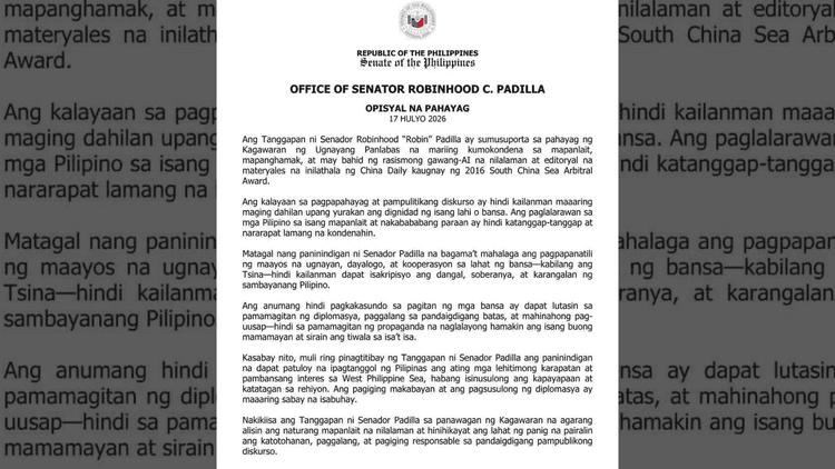 Sen. Robin Padilla, kinondena ang mapangkutyang AI video ng China Daily laban sa mga Pilipino
