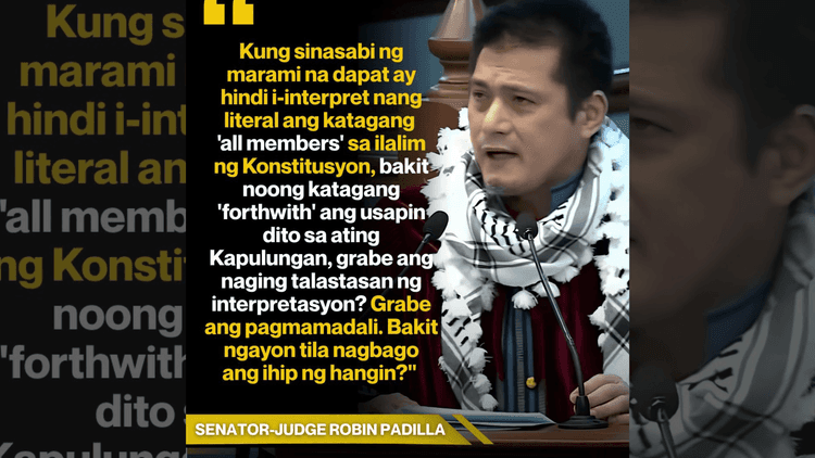 Sen. Robin Padilla, tutol sa pagbotohan ang conviction threshold; inungkat ang "forthwith" ni Escudero