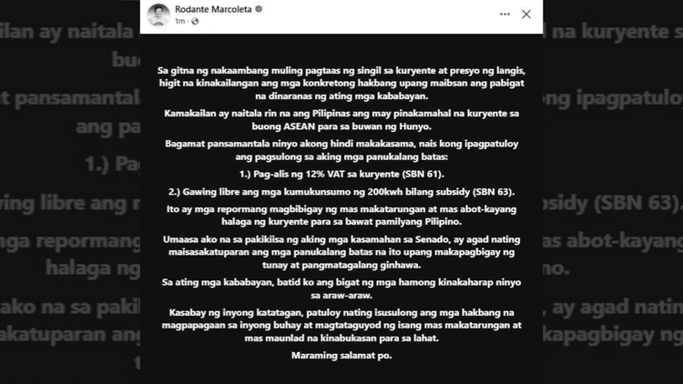 Sen. Rodante Marcoleta, isinusulong ang mga panukalang batas para maibsan ang gastusin sa kuryente.
