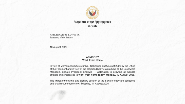Senate impeachment trial at plenary session suspendido dahil sa masamang panahon