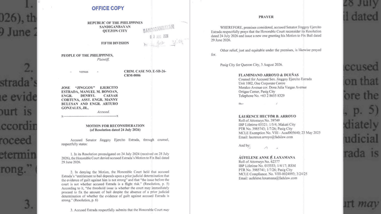 Senador Jinggoy Estrada, naghain ng motion for reconsideration para sa hiling na piyansa sa kasong plunder