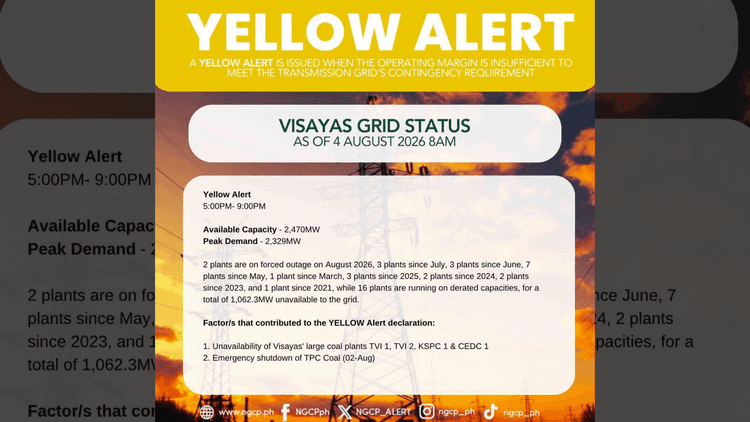 Visayas Grid, nakapagtala ng Yellow Alert dahil sa limitadong suplay ng kuryente at shutdown ng mga coal plant