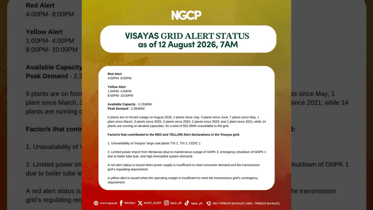 Visayas Grid, nakatakdang isailalim sa red at yellow alert ngayong Miyerkules, Agosto 12