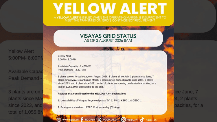 Visayas Grid, nakatakdang isailalim sa yellow alert ngayong hapon dahil sa limitadong suplay ng kuryente