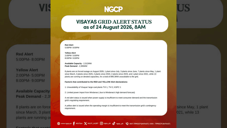 Visayas grid, isasailalim sa red at yellow alert ngayong araw — NGCP