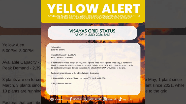 Visayas grid, isasailalim sa yellow alert mamayang gabi dahil sa mataas na demand